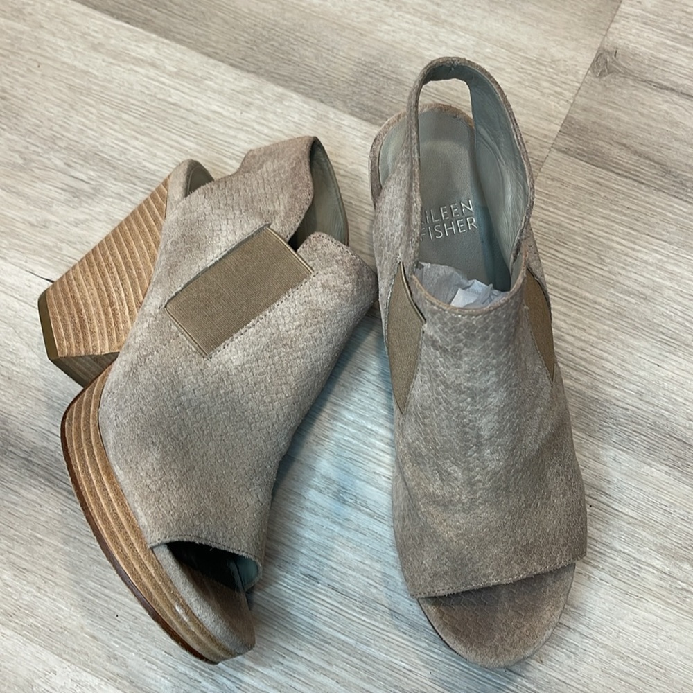 Eileen Fisher Suede Woven Stacked Wooden Heel Slingback Platform Shoes Size 6.5